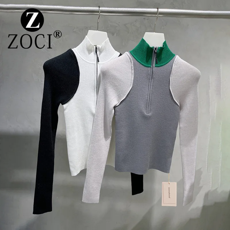 [ZOCI] Xiaozhong 2022 Autumn New Pullover Versatile Sweater Half High Collar Splice Slim Knitwear Women