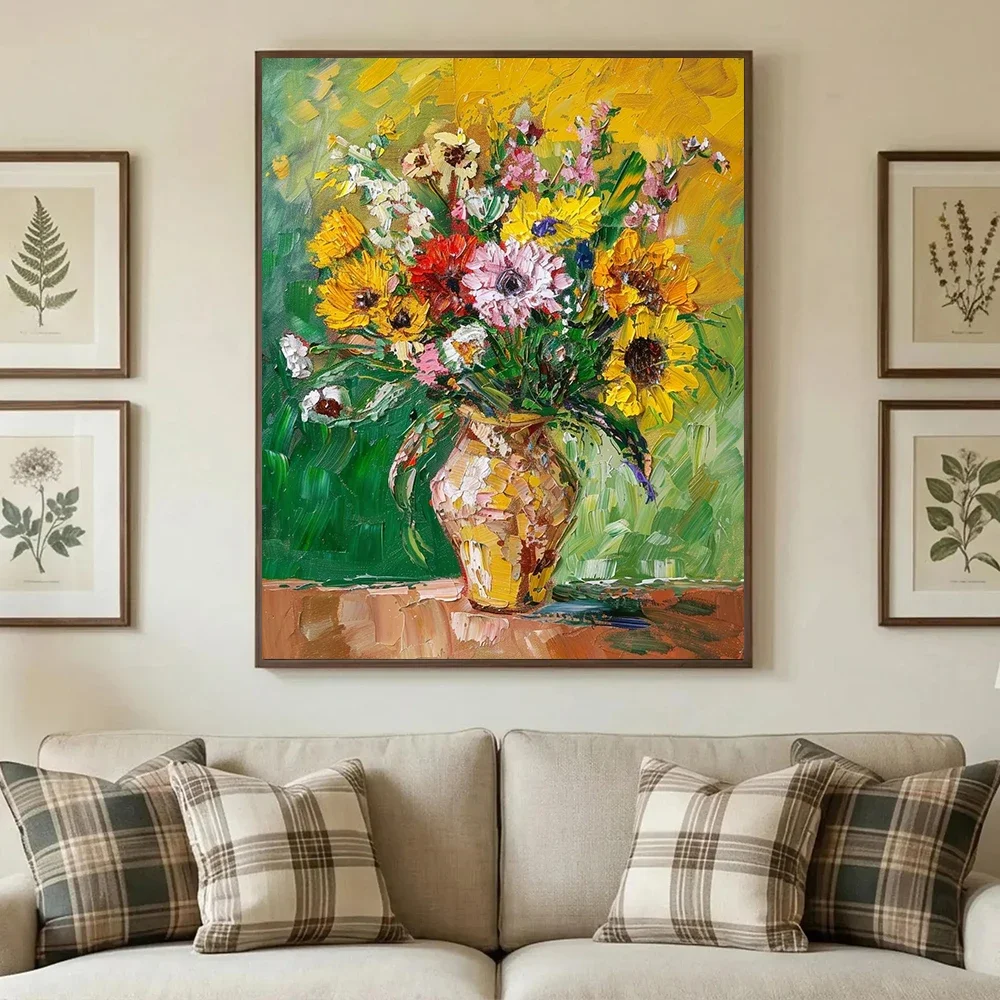 1PC Large-sized frameless canvas paintings,Vintage Flower Vase Canvas Wall Art Impressionist Still Life Painting Floral Poster P