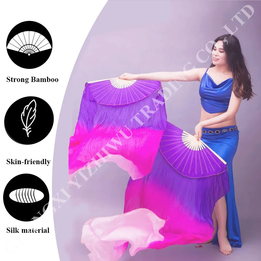 High Quality 1 Pair Real Silk Belly Dance Fan Veils Chinese Belly Dancing Long Fans