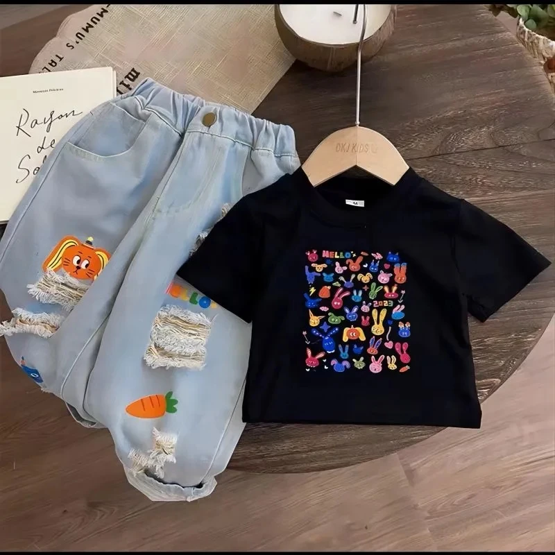 Mädchen perforierte Jeans Set neue Sommer dünne Kinder Baby Kurzarm T-Shirt Set von 2 westlichen koreanischen Edition