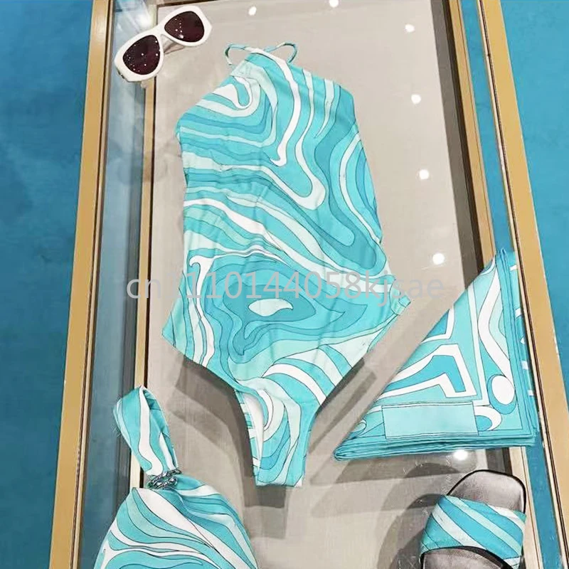 

Элитные дизайнерские женские купальники с синей повязкой на голову и фирменным логотипом, пляжная одежда с дизайнерским шарфом-платком