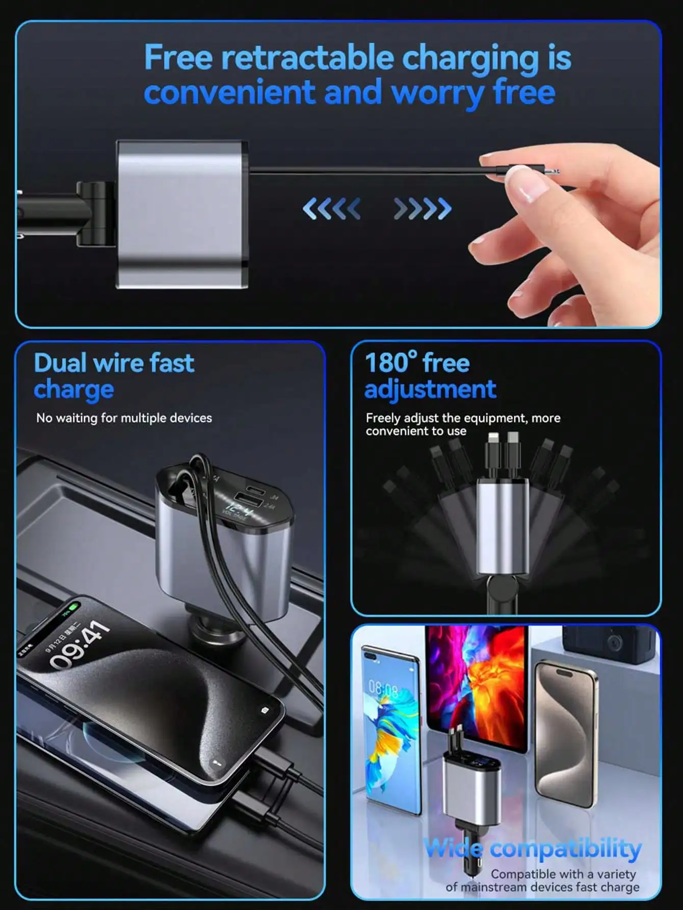 W&O 4-Port Fast Car Charger With USB & Type-C Ports, Digital Voltage Display, Compatible With IPhone, Android Phones & Tablets, Great Gift For Men, Christmas view 2