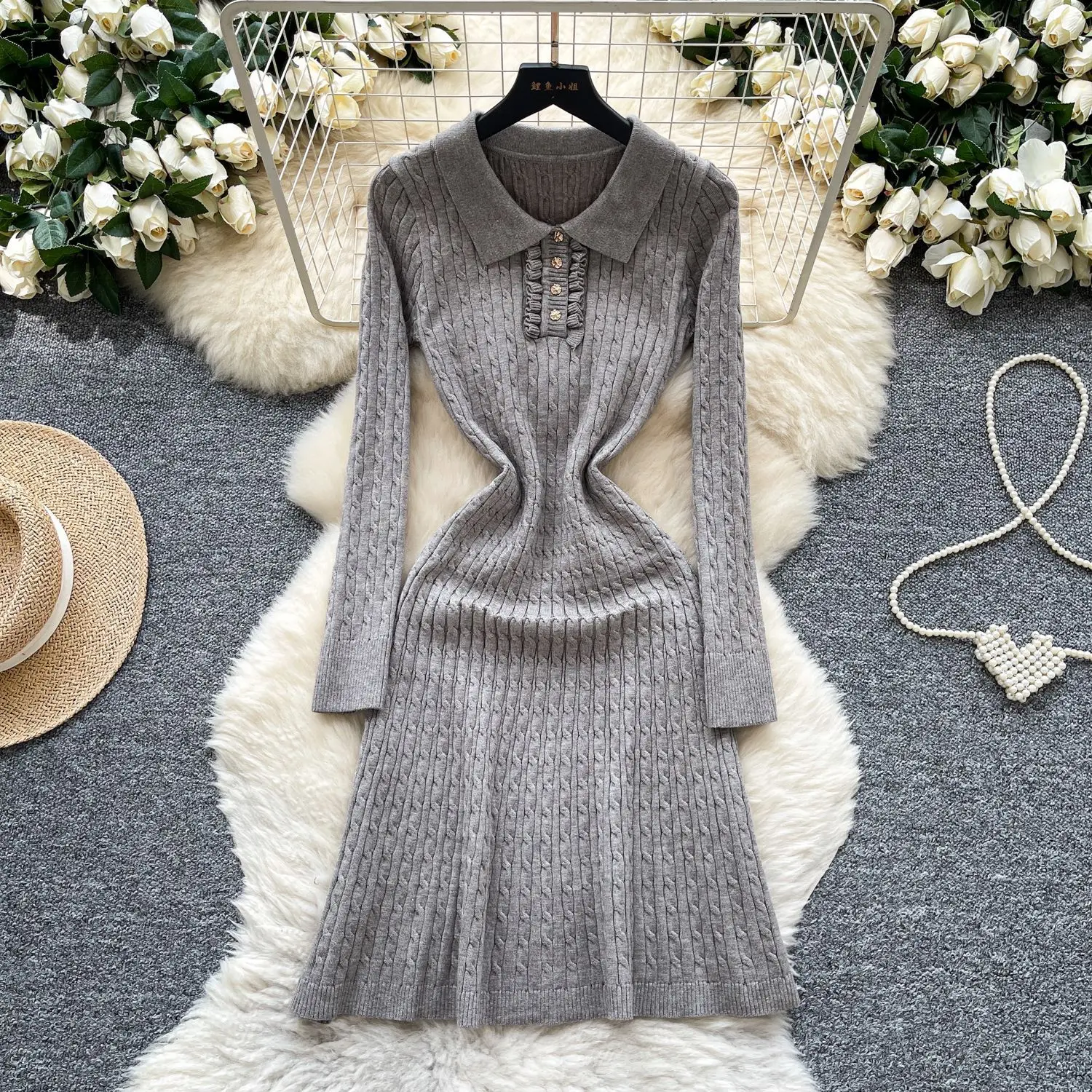 

Women Dress Vintage Knit Mini Dresses Slim Fit Button Long Sleeve Turn Down Collar Vestidos Elegant Office Lady Solid Spliced