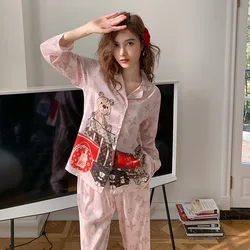 2024 Luggage Bear Luxury Autumn Long Sleeved Ice Silk Pajamas Women's Two Piece Printed Home Set High Quality Elegant Nightgown