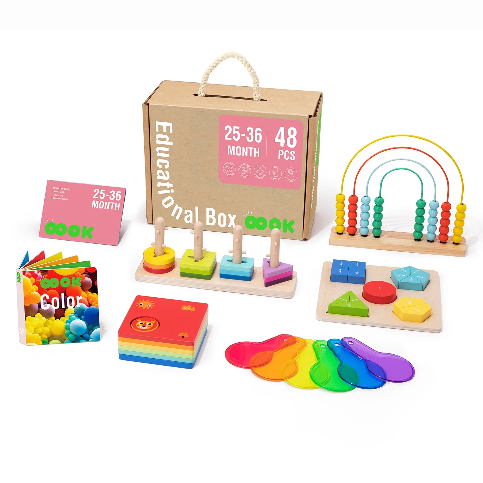 Frühe pädagogische Box aus Holz, Farbkognitions-Formsortierer, Spielzeug, Regenbogen-Abakus, Bruchpuzzle für Kinder von 25–36 Monaten