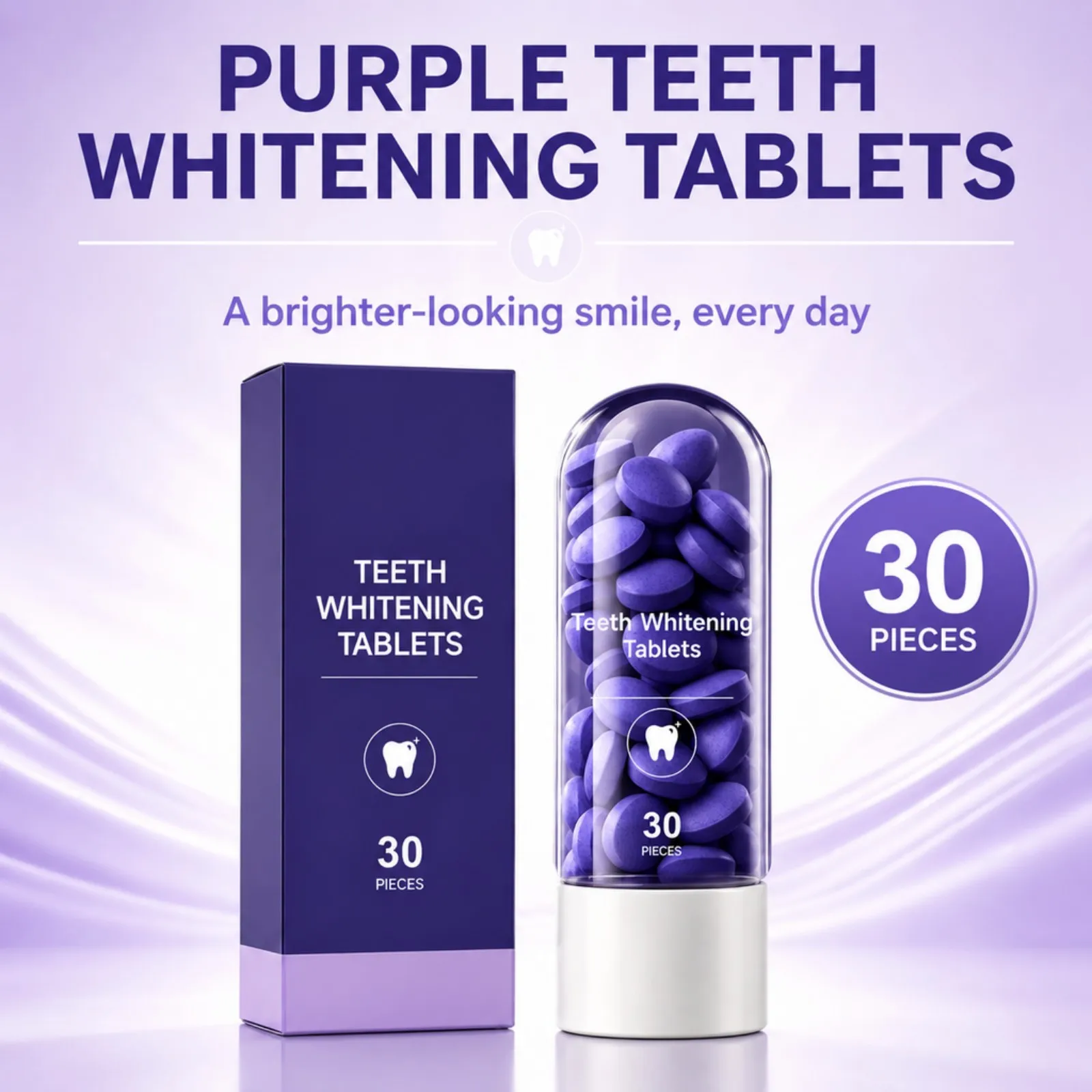 Portable Teeth Brightening Tablets 30 Count Mint Flavor Gentle Clean Brighten Look Fresh Breath No Liquid Travel Safe Oral Care