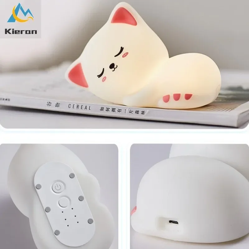 Gato de silicona suave, luces LED de noche de siete colores, recargable por USB, lámpara de pie para niños y bebés, luz creativa de decoración para habitación de dibujos animados