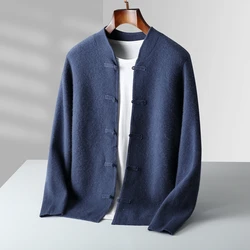 Men's sweater thickened business casual coat cardigan long sleeve hooded in autumn and winter 100% pure wool knit top.