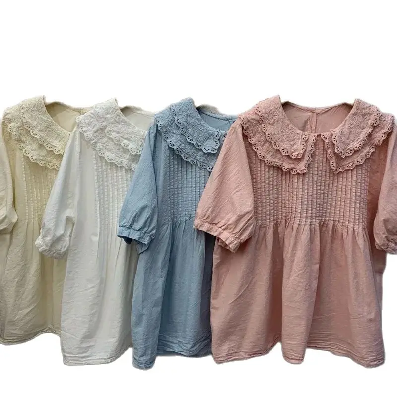 Camisa de algodão manga curta para meninas, tops de pregas de órgãos de lapela, blusa solta, boneca francesa doce, nova, verão e outono, T46351QC 2024