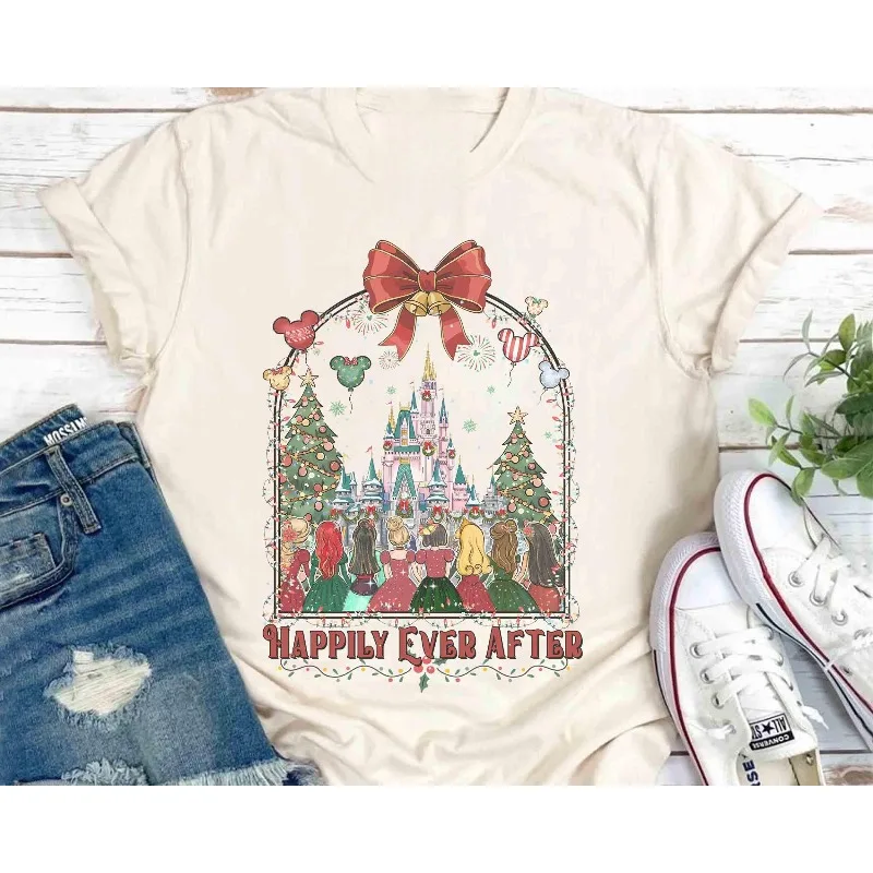 تي شيرت Disney Princess Happily Ever After Christmas Balloon Shirt Magic Kingdom Magic Castle Christmas تي شيرت قطني للجنسين ملابس الشارع #2