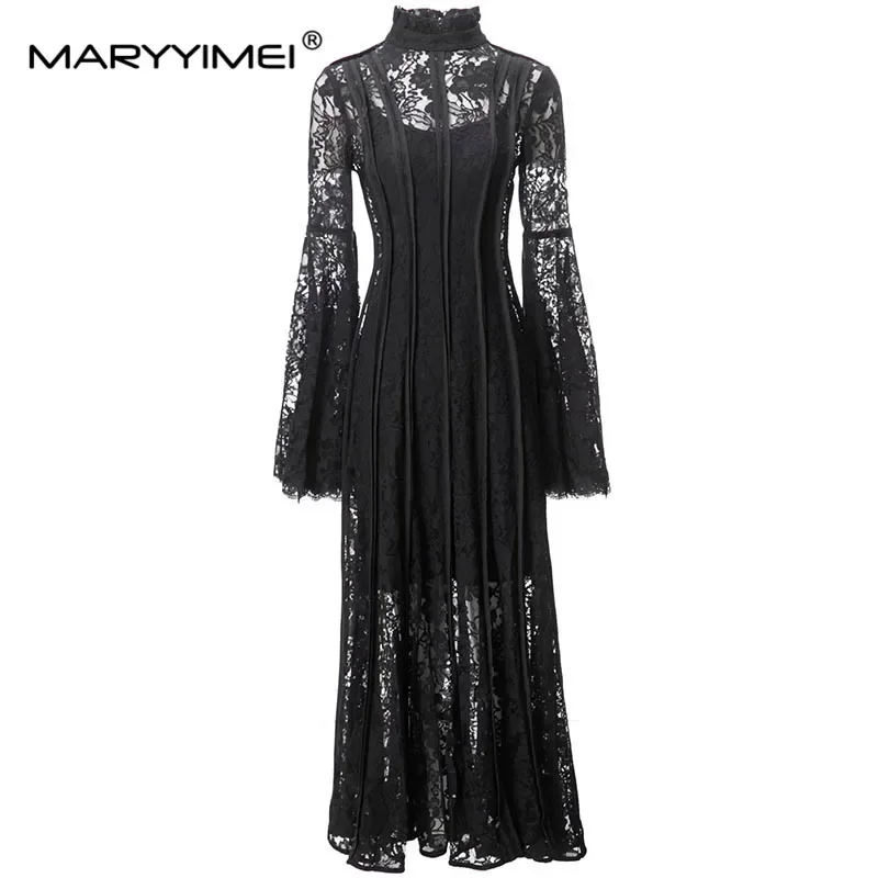 فستان نسائي موضة ربيع الخريف من MARYYIMEI بياقة مكشكشة وأكمام مضيئة فساتين دانتيل مخططة