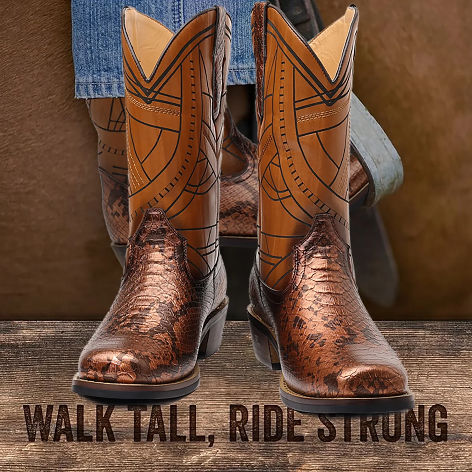 

1037 US size wooden heel sole cowboy boots, high heel imitation snake pattern boots men's shoes knight men's boots racing shoes