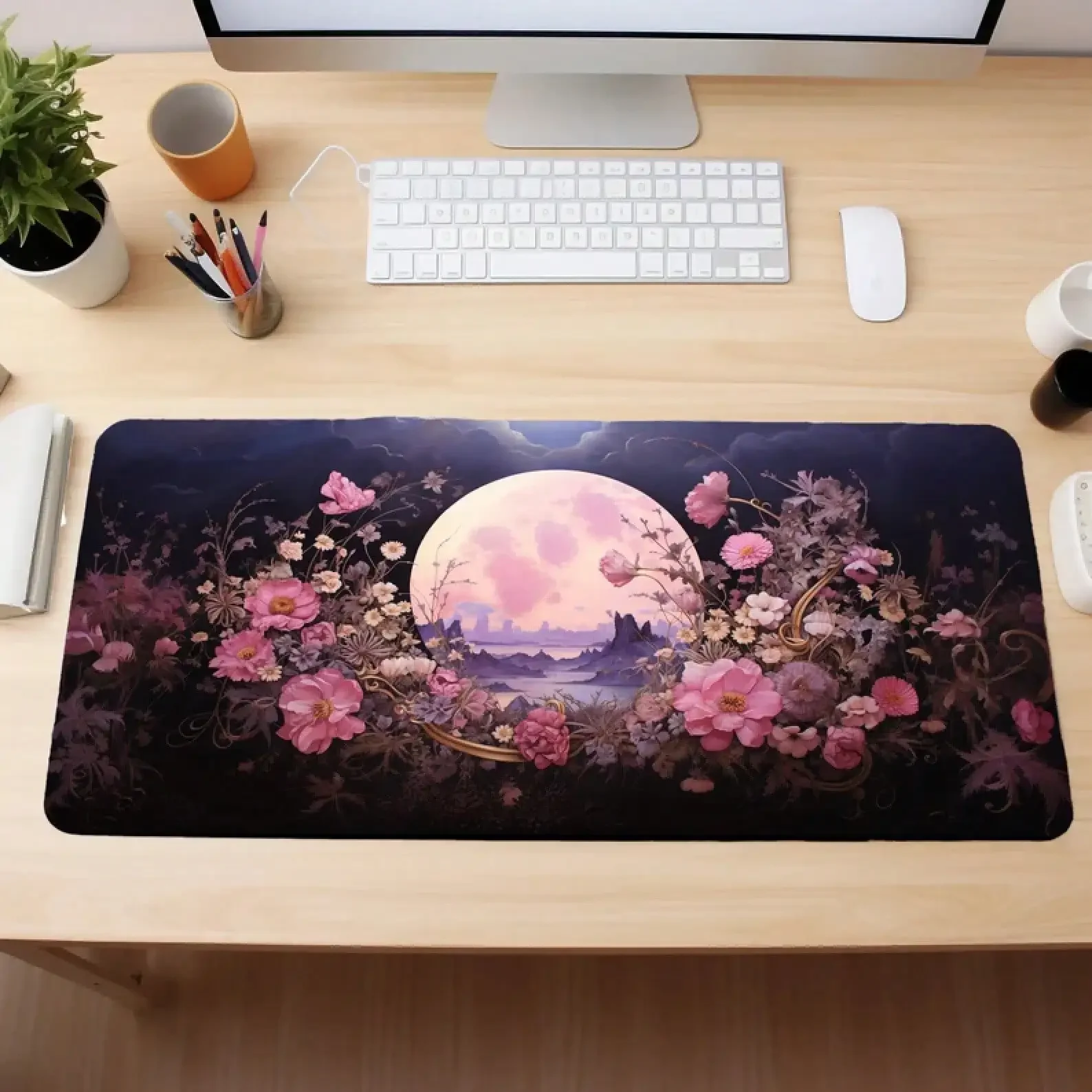 

Fantasy Pink Lunar Wildflower Desk Mat, Cute Desk Decor, Moon Mousepad, Pink Mouse Pad, Aeshetic Desk Pad, Lofi Gaming Mat(Flat Edge) Non-Slip Office Mouse Pad Large Size