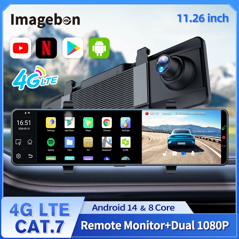 Imagebon M11 4G LTE Rearview Mirror Dashcam Android 14 Wireless CarPlay & Android Auto Night Vision Parking Monitor GPS Car DVR