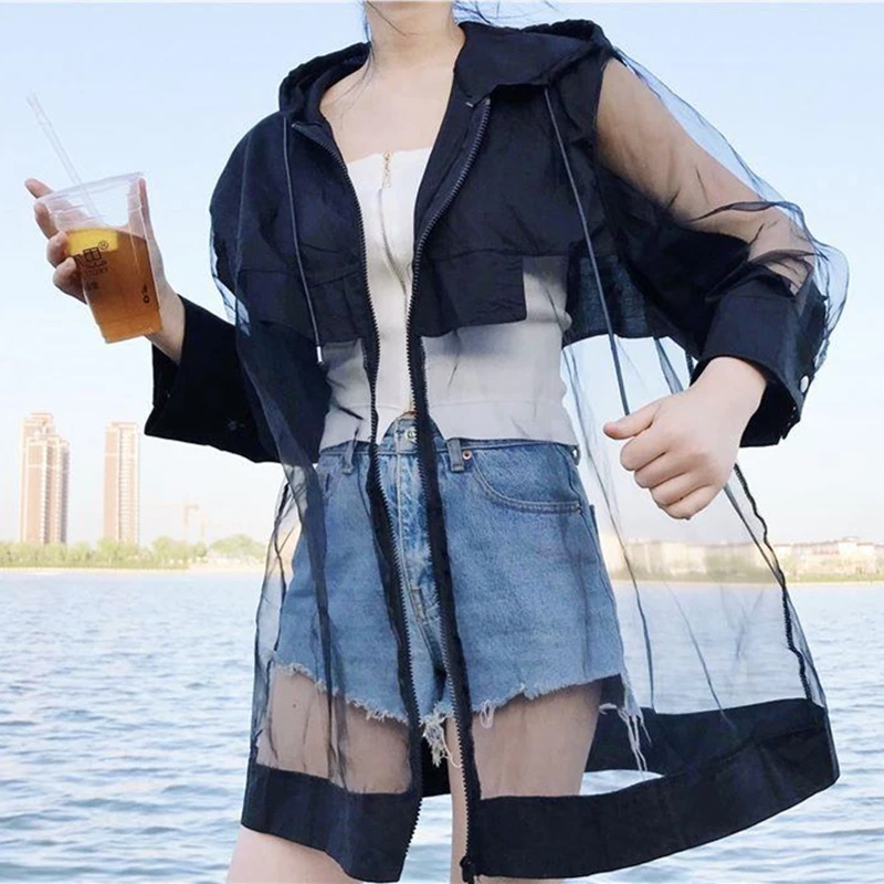 2025 Women’s Beach Clothing Summer Oversized Blouse Patchwork Sheer Mesh Long Sleeve Zipper Top Sun Protection See Through Blusa