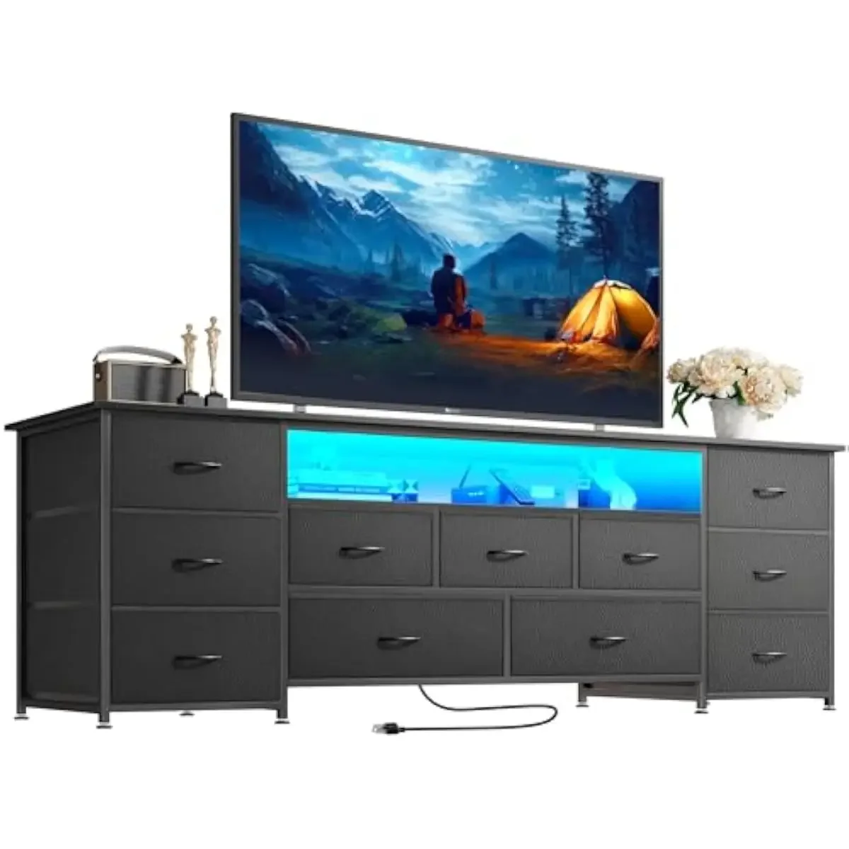 63 Inch Wide TV Console with 11 Storage Drawers, Built-in Power Hub Featuring 4 AC Outlets 2 USB 1 Type-C, Adjustable LED Lighti