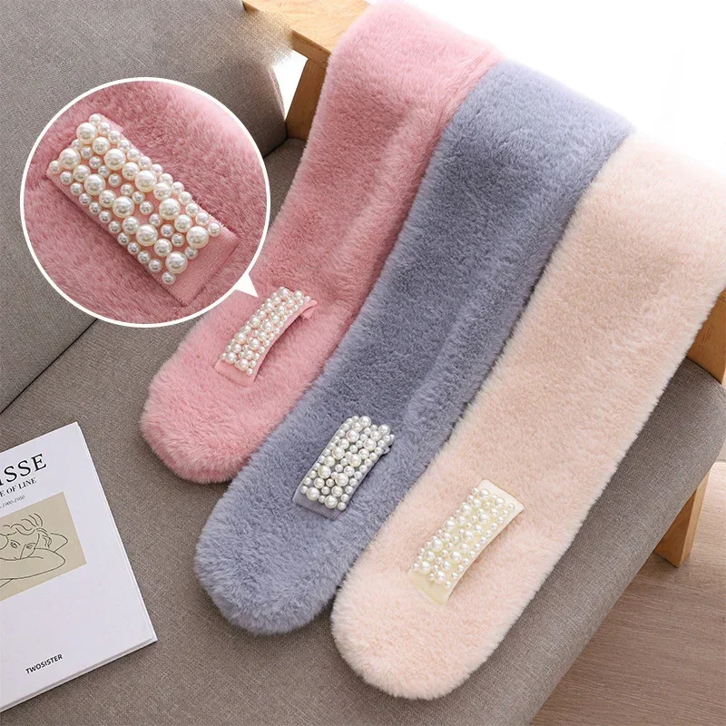 

2025 Winter Pearl Plush Scarf Women Autumn Cute Soft Thickened Warm Faux Fur Cross Scarves Girls Neck Ring Scarf Korean Style