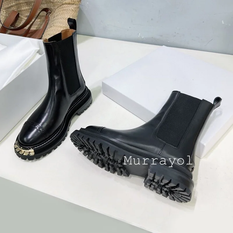 Okrągłe Toe metalowe grube dno krótkie buty damskie prawdziwej skóry gumką łączenie kostki Botas jesienne zimowe Chelsea Boots