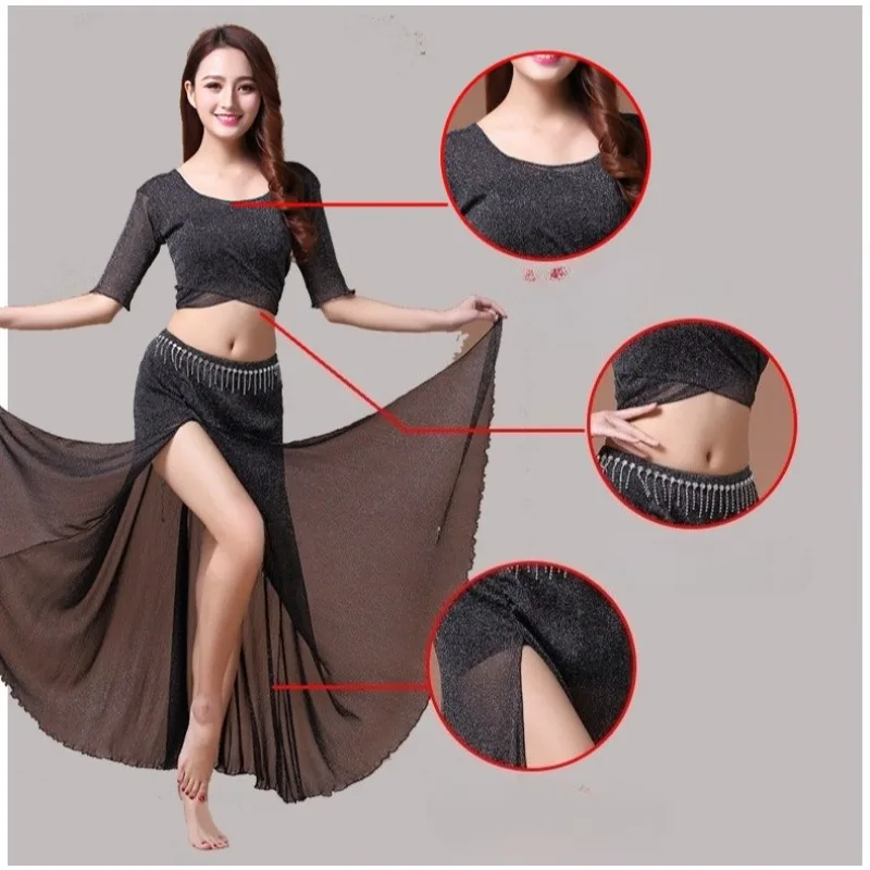 Damski strój do ćwiczeń tańca brzucha, kostium do występów tańca orientalnego plus size, spódnica z siateczki i top.