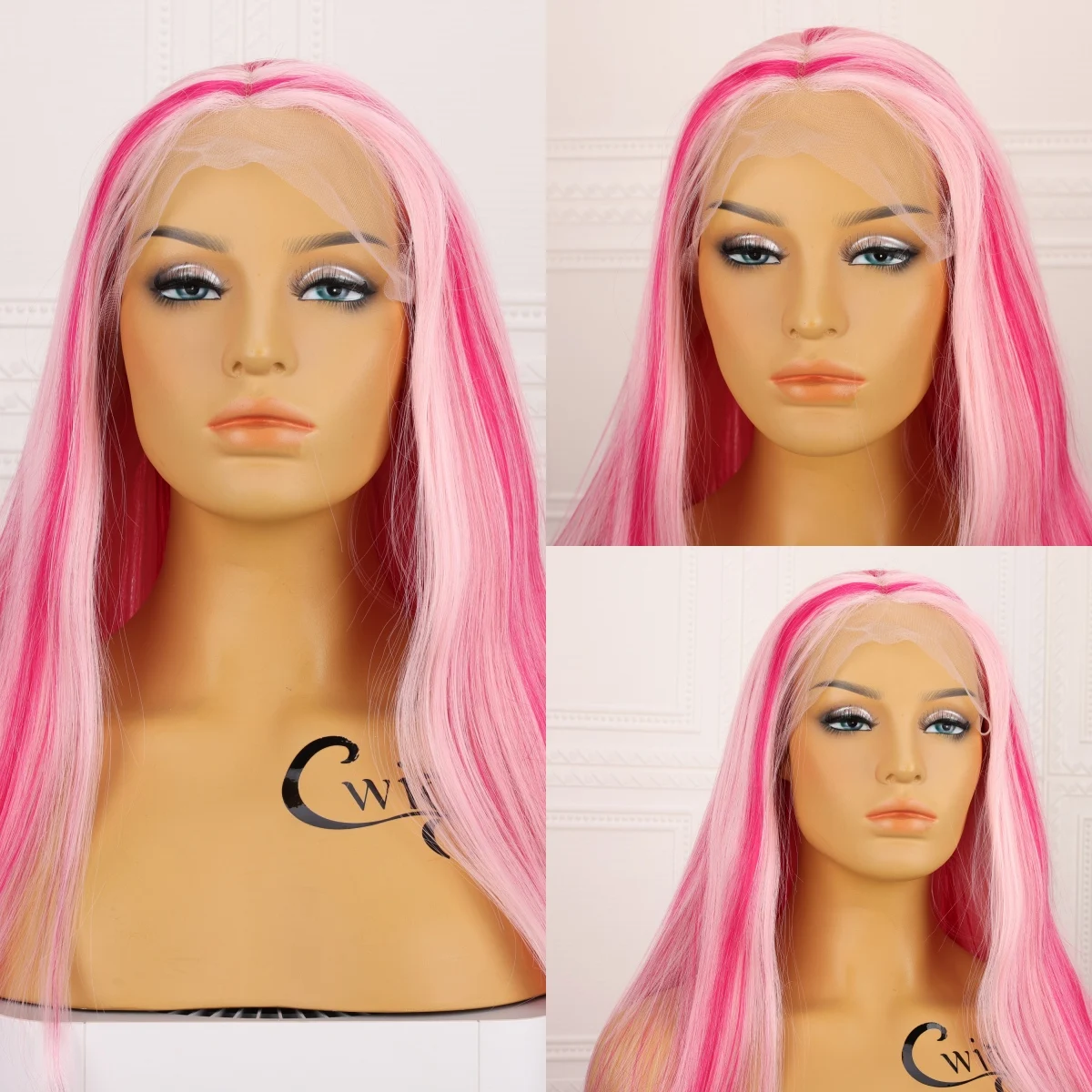 

Pink Stitching Synthetic Women's Wig Cosplay Date Daily Wear 26 Inch Long Wig Straight Hair Natural Hairline Front Lace Mesh Cap