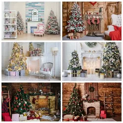 MOON.QG Christmas Tree Living Room Photography Background Fireplace Wood Brick Wall Photo Backdrop New Year Shooting Photo Zone