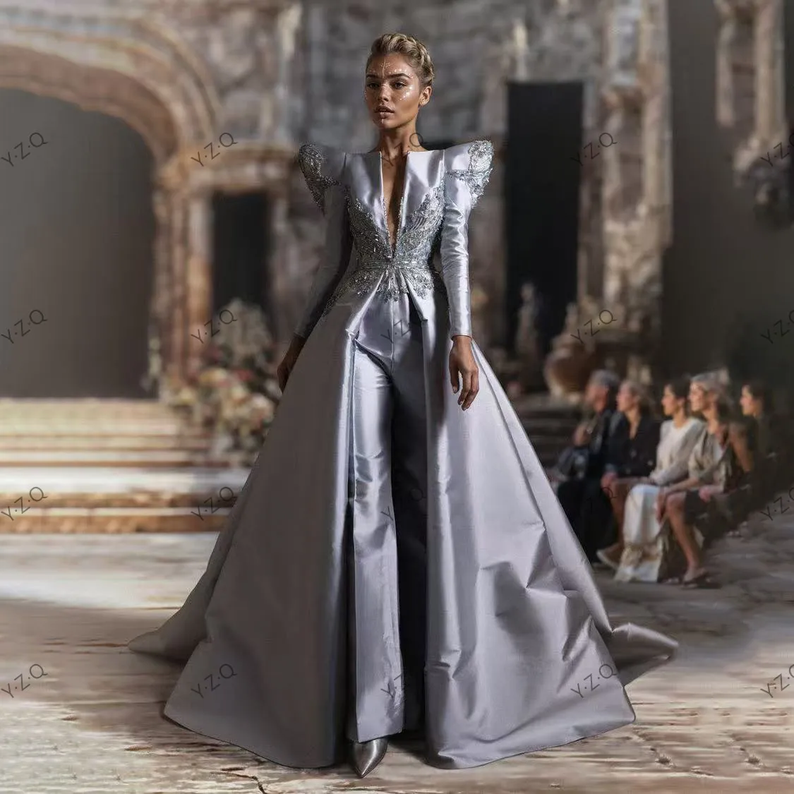 Eye Catching Long Women Formal Party Dresses With Pants Full Sleeve Prom Gowns Handmade Beading Gorgeous Evening Gowns Silver