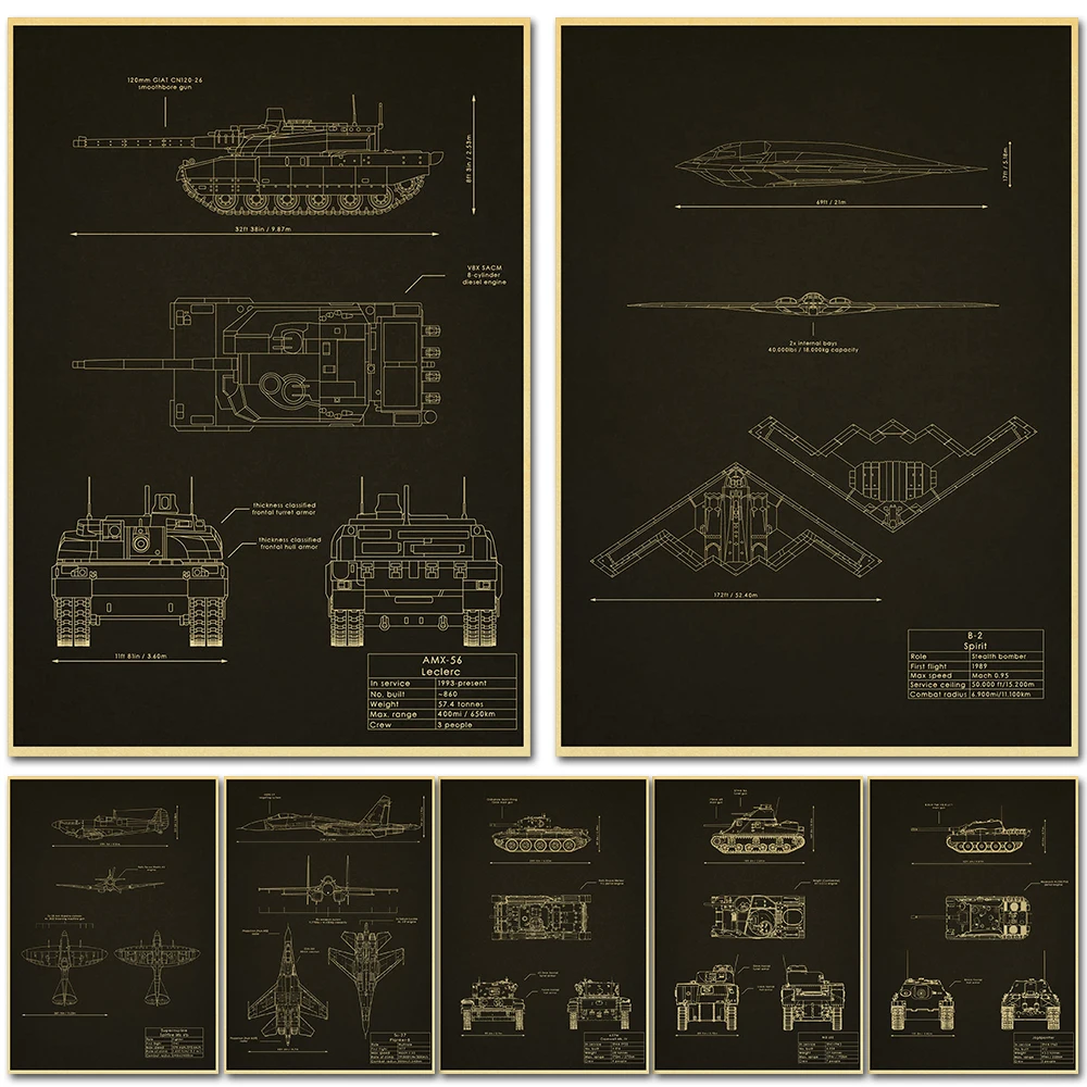 Aircraft and tank design drawings Blueprints Poster Posters Home Living Bed Room Decor Art Cafe Pictures Frameless Wall Painting