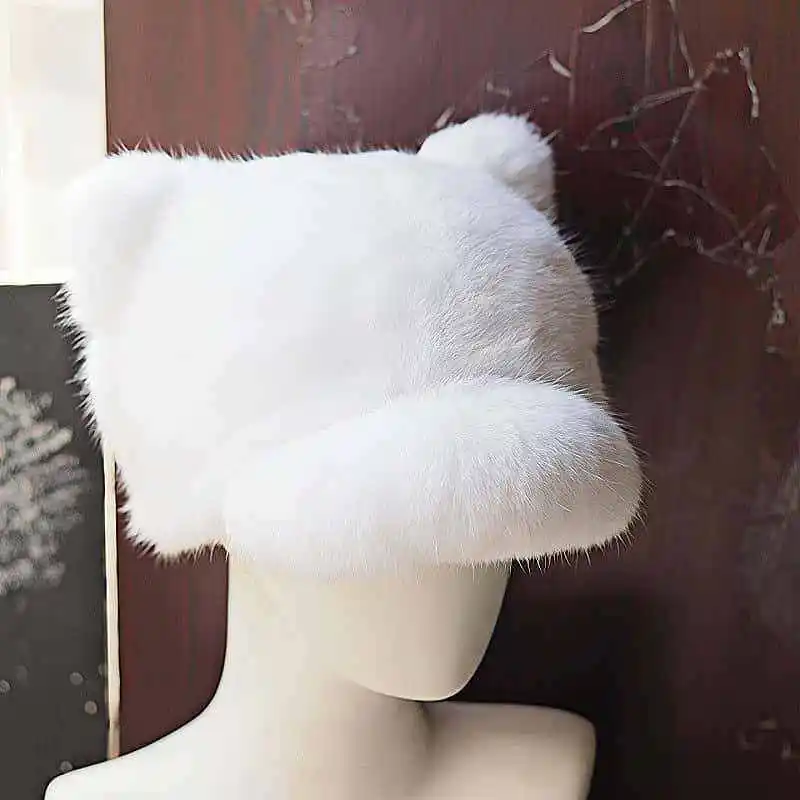Modische Wintermütze mit Echtem Kaninchenfell und Katzenohren für Damen, Ganzfell-Mütze, Stilvolle Warme Bombermütze – Detail 6