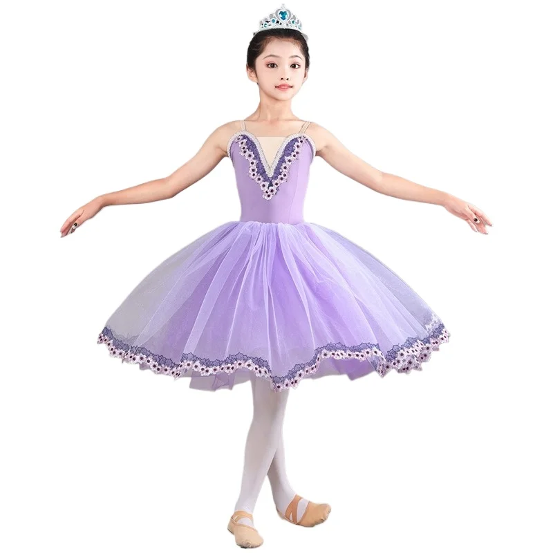 يوم الأطفال فستان رقص الباليه فتاة توتو زي الباليه مسابقة DanceVeil تنورة الضوء الأرجواني تنورة طويلة فستان الباليه للأطفال