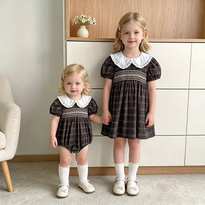 2026 Sommer-Schwesterkleidung 0-24M Baby Mädchen Stickerei Kurzarm-Body 2-6 Jahre Kinder Gitter-Süß-Party-Prinzessinnenkleider