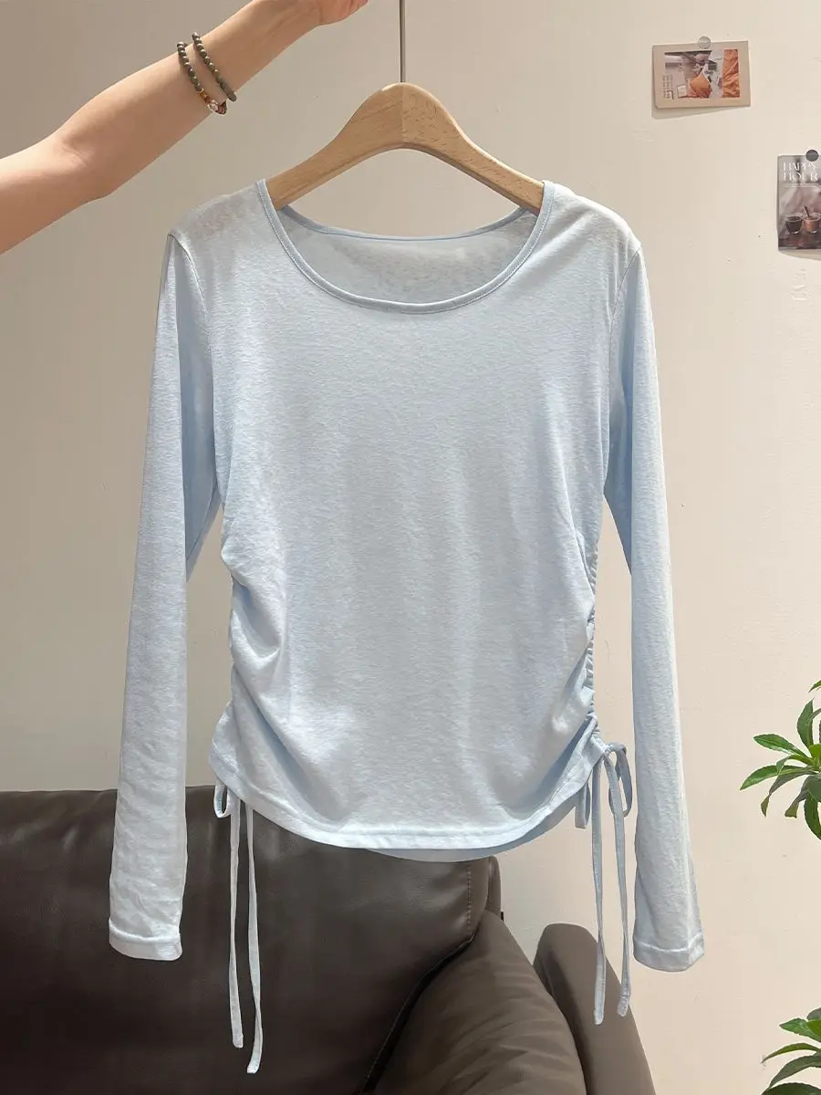 Cool Sun Protection Blouse Pleated Slim Fit T-Shirt Women's New Summer Collection Waist-Cinching Semi-Sheer Lightweight Top