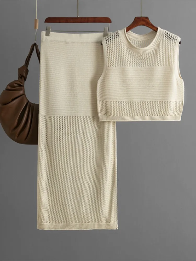 

Модный тонкий полый жилет без рукавов, комплект лета 2025 года, новая вязаная юбка с разрезом, комплект из двух предметов, элегантный повседневный женский комплект из 2 предметов, наряд