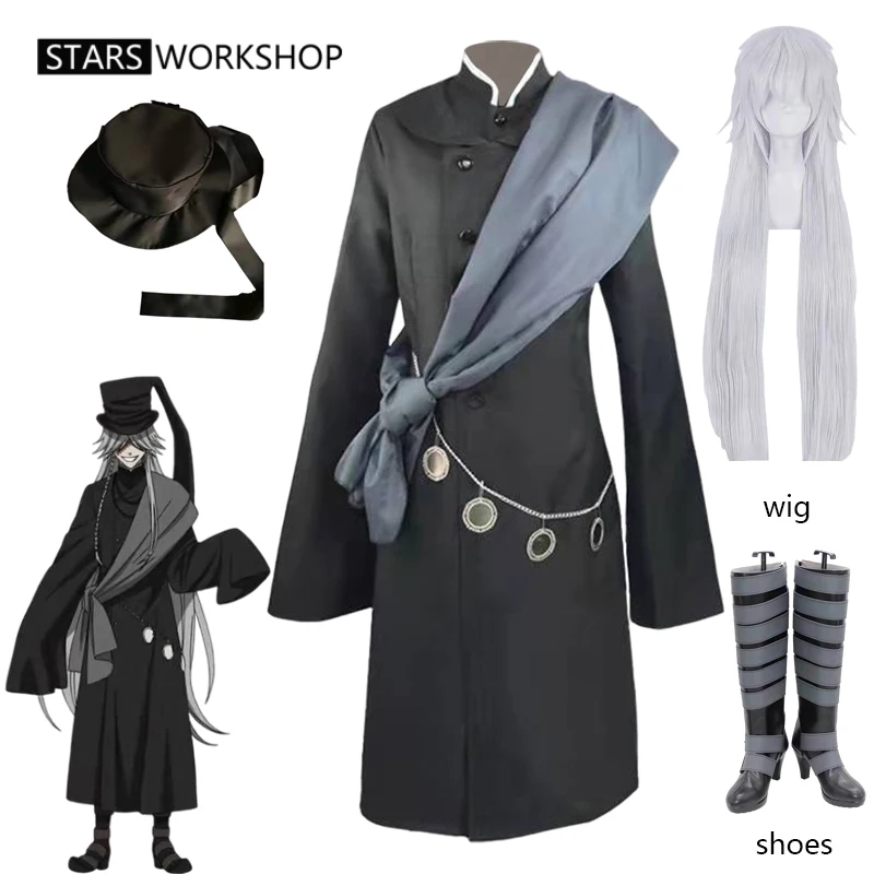 Black Butler Kuroshitsuji Under Taker Cosplay Costume Long Coat Hat Chain Accessories Outfit Halloween Carnival Party Suit