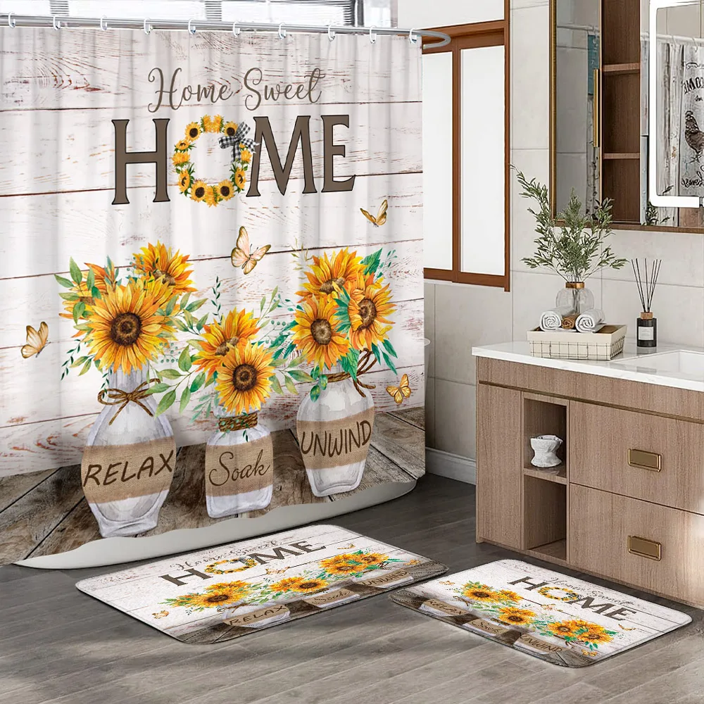 Rustic Plank Sunflower Shower Curtain and Rug Set Vase Arrangement Watercolour Print Shower Curtain and Two Mats Bathroom Decor