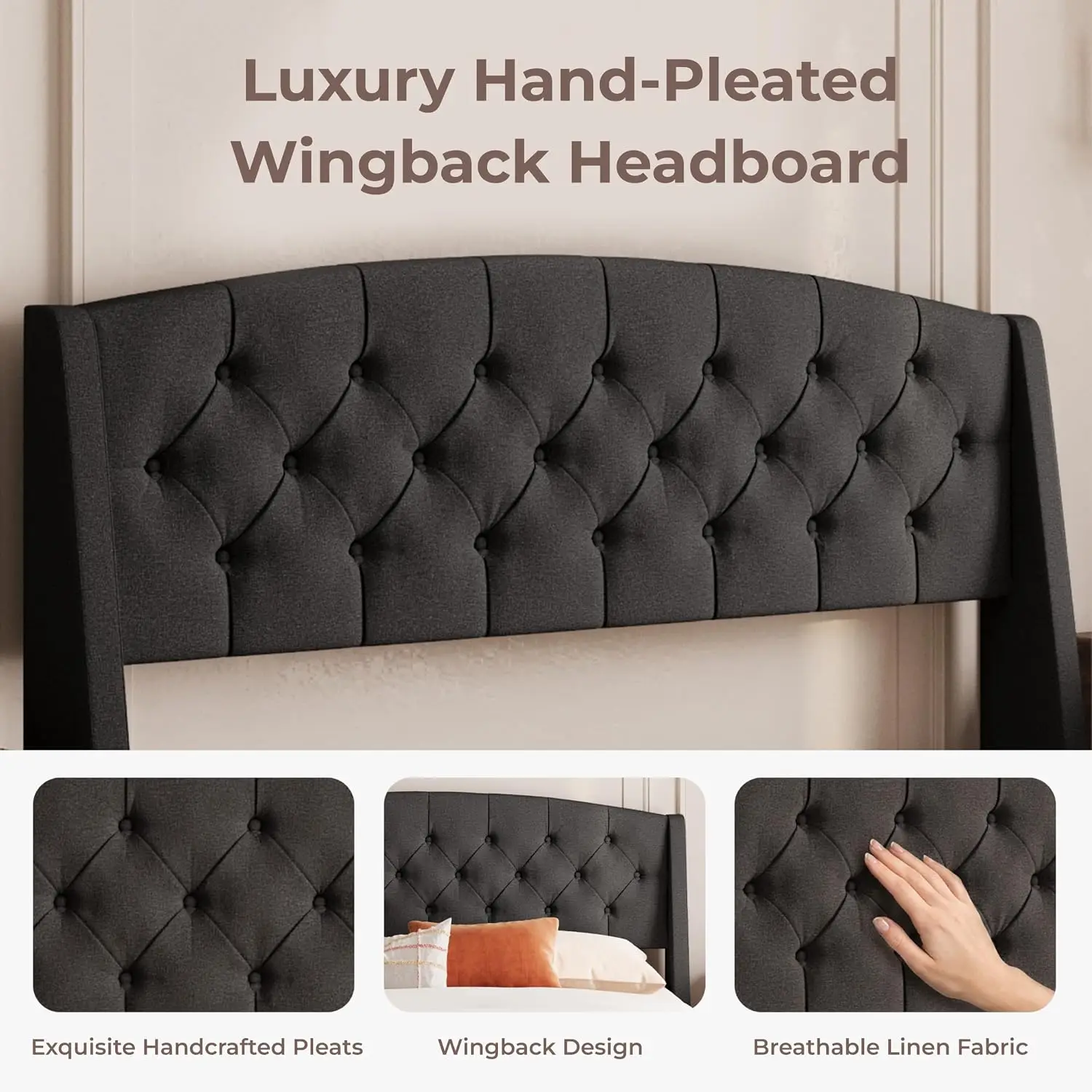 Wingback Upholstered Bed Frame Dark Grey, Customized