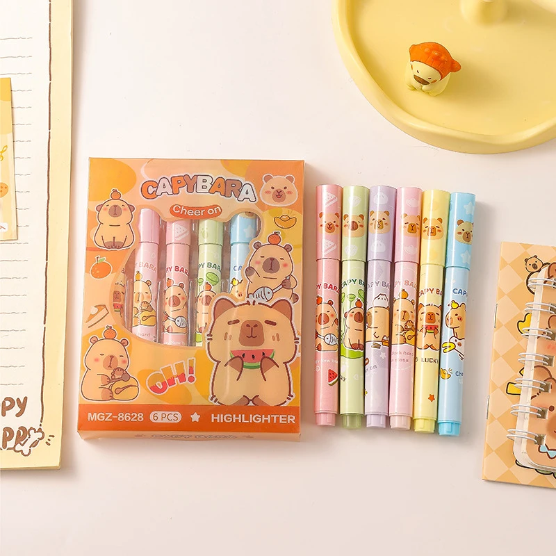 6Pcs/set Cartoon Capybara Highlighter Set Cute Hand Account Pen Marking Pen Student Stationery Office Supplies Gifts