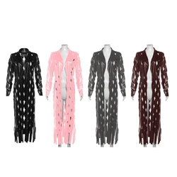 Womens Hollow Out Full Sleeve Open Front PU Leathers Cardigan Long Coat Hollow Trench Coat Fall Winter Streetwear Dropship