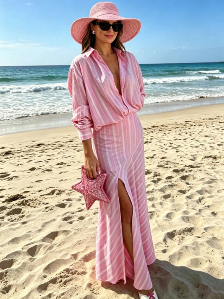 Women Fashion Skirt Stripes Long Sleeves Lapel Single Breasted Casual Shirt Top+Zipper Splicing Pleated Long Skirt Lady Suit