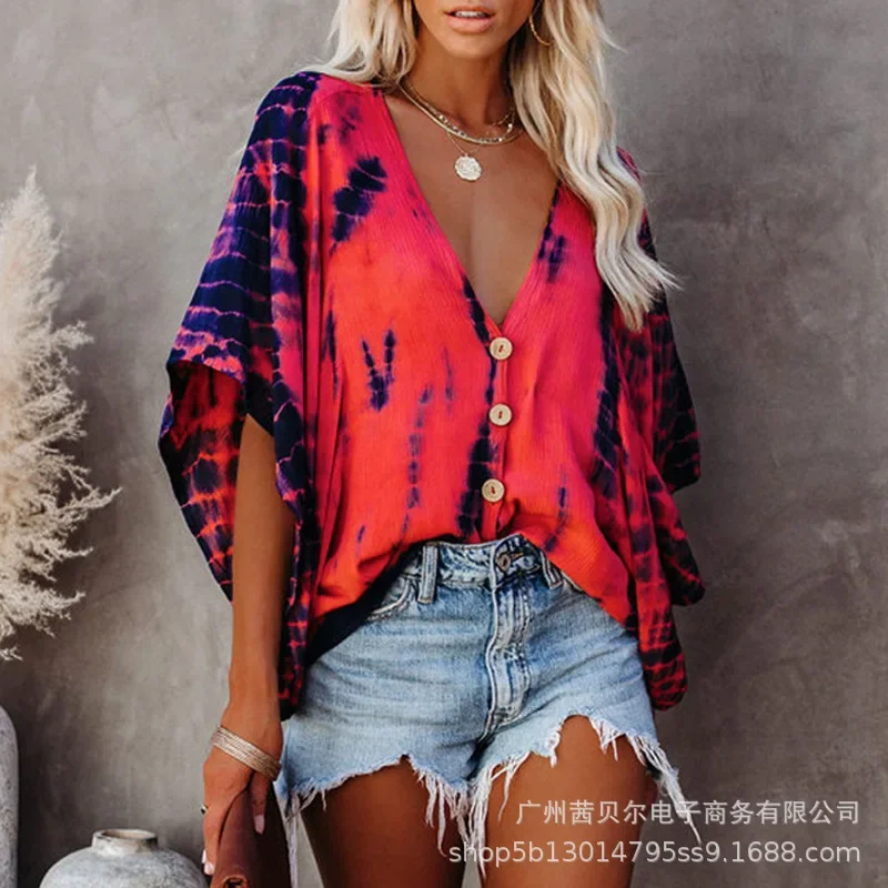 

Women's Clothing Batwing Sleeve Tie-Dye Printed Shirt Blouse Half Sleeve Fashion Casual Loose T Shirt Top Single Breasted