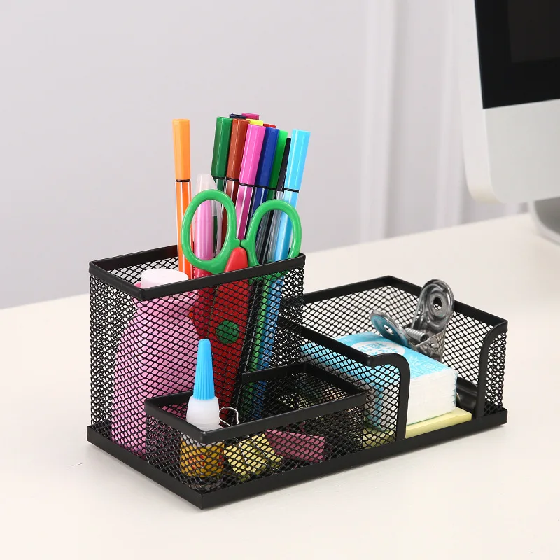 3-In-1 Desk Organizer Pencil Pen Holder Metal Hollow Mesh Wire Organizador De Escritorio Lapices Office Desk Accessories