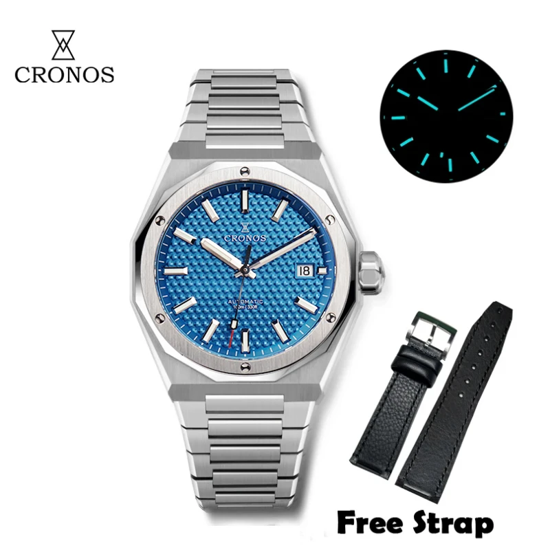 Cronos relógio masculino de luxo 39mm skyline automático pt5000 sw200 relógios de pulso pulseira de couro safira 10atm transparente volta l6028m