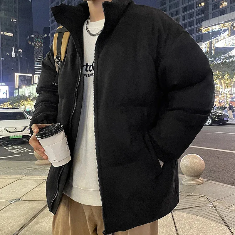 

Men's Autumn Winter Black Stand Up Collar Fleece Thickened Cold Proof Warm Trendy Versatile Bottoms