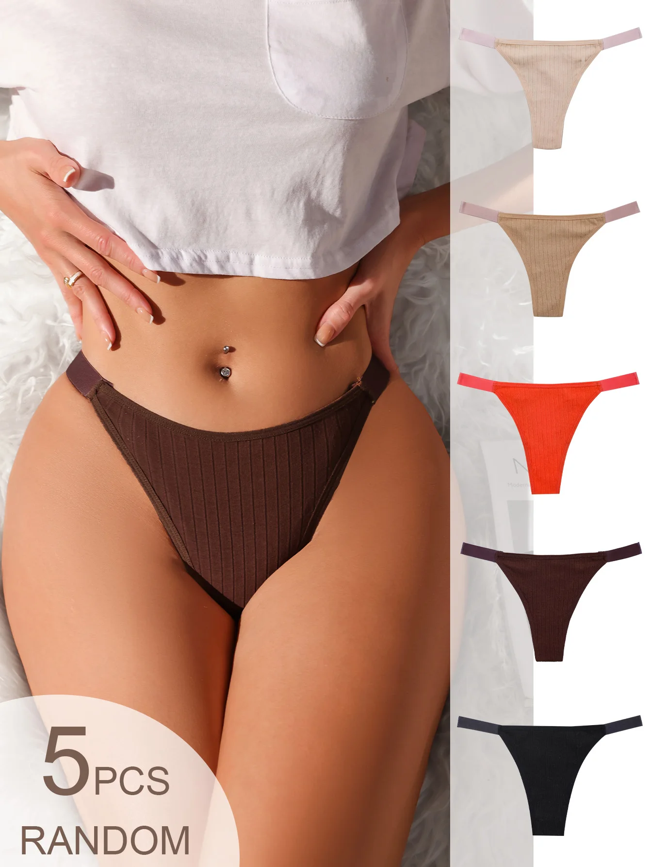 

5-pack random color contrasting slim thong for women, soft and elastic, breathable and sweat wicking