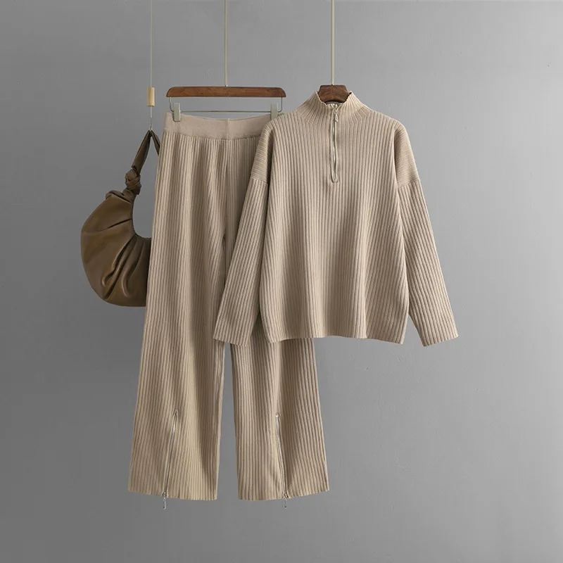 

Casual Loose Solid Zipper Mock Neck Long Sleeve Knit Sweater Pullover+Elastic Waist Split Pants 2-piece Set Winter Fashion Set