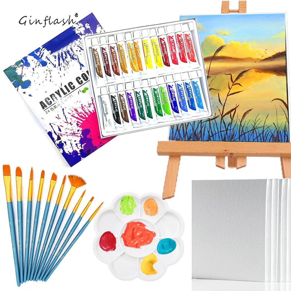 Ginflash 24Colors 12ML/Tube Acrylic Paint set color Art Painting paint  fabric Drawing set Paint brushes palette