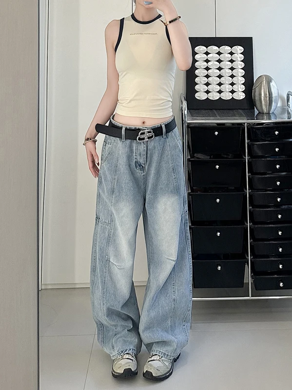 

Американские винтажные джинсы с широкими штанинами для мужчин и женщин, модные брендовые прямые брюки в стиле Ins, свободные длинные брюки в пол