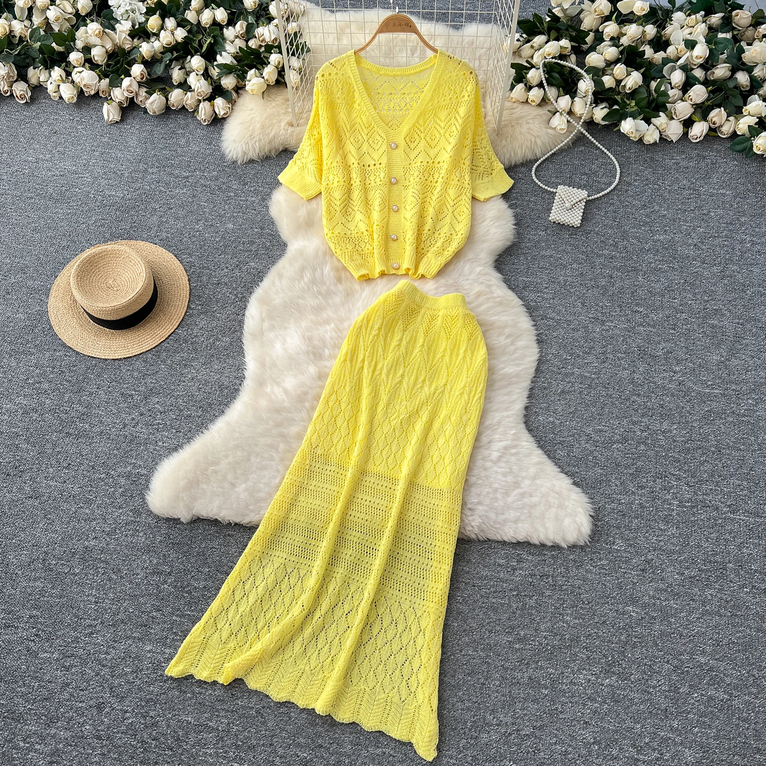 

Two piece set Hook flower hollow Knit lool sleeve Dress Fashion Vestidos Slim Party Summer Hotsweet Dresses