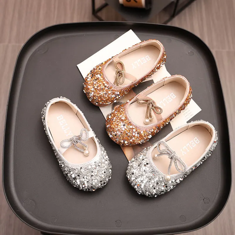 

Girls' Princess-Style Leather Shoes Fashion Rhinestone Flats - Soft-Soled Toddler Big Kids Shoes for Ages 1-8yrs Glitter Bowtie
