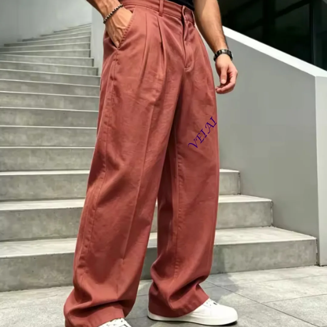 CustomizedMen High Waist Pleated Linen Pants Wide Leg Loose Straight Casual Trousers Breathable Summer Streetwear Daily Office F
