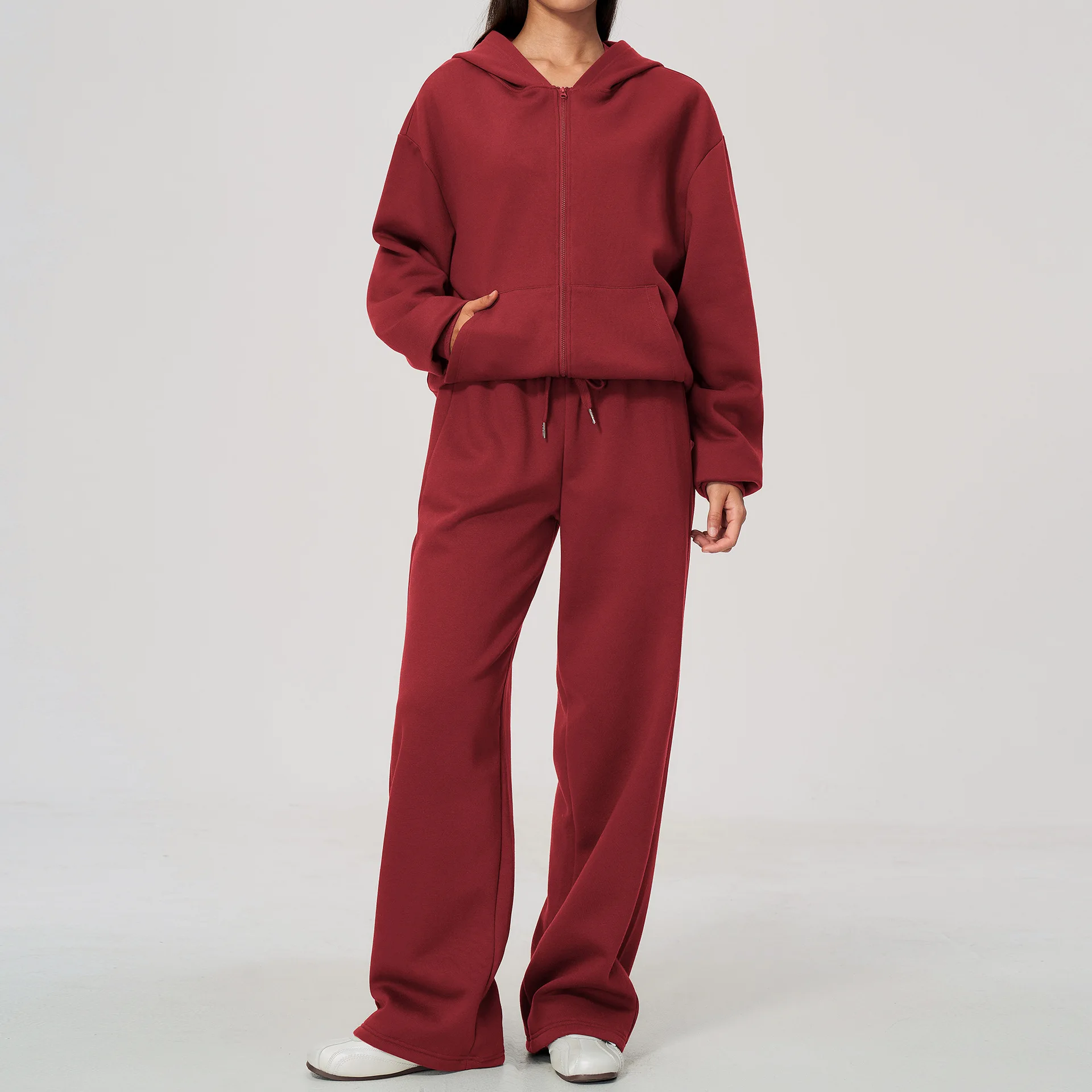 Autumn Winter Warm Sportswear Zipper Long Sleeve Loose Hooded Coat Wide Leg Pants Tracksuit Casual Workout Fitness Running Suit